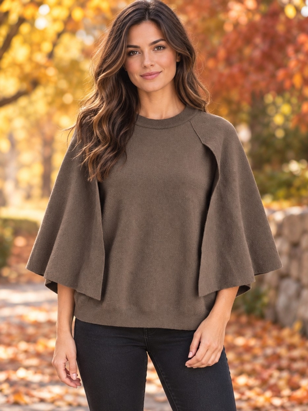 Zara Brown Knit Cape Sweater Poncho Crew Neck Women’s XL NWT